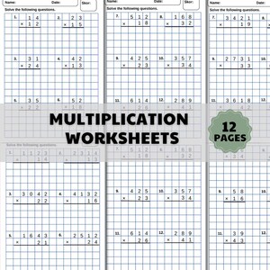 May include: A collection of multiplication worksheets featuring grid-based math problems with numbered questions, blank spaces for answers, and fields for name, date, and score. A green scalloped badge displays the text 12 PAGES.