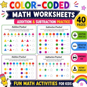 Puede incluir: Un conjunto de 40 hojas de trabajo de matemáticas codificadas por colores para practicar sumas y restas. Las páginas incluyen triángulos, hexágonos, círculos y estrellas de colores con números. El texto incluye Color-Coded Math Worksheets, Addition & Subtraction Practice y Fun Math Activities for Kids.