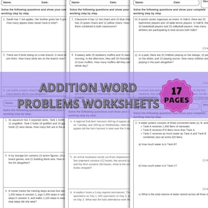 Könnte beinhalten: Eine Sammlung von Arbeitsblättern für Additions-Textaufgaben mit Text und leeren Feldern für Antworten. Ein rosa kreisförmiges Abzeichen in der Mitte zeigt den Text 17 PAGES. Die Dokumente sind weiß mit schwarzem Text und Linien.