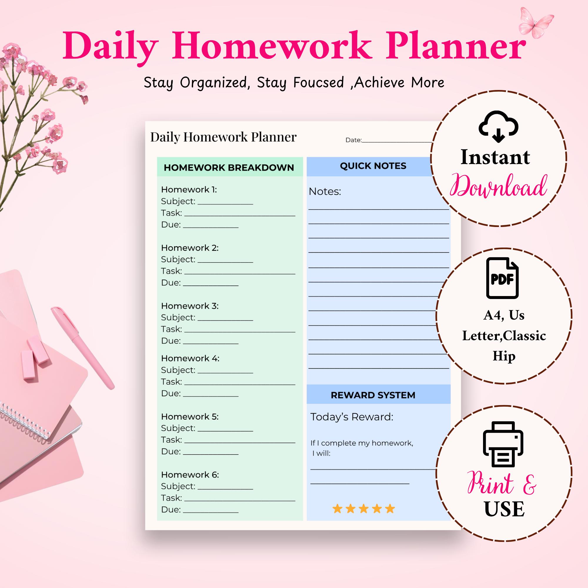 ADHD Daily Homework Planner for Kids | Printable Student Executive ...