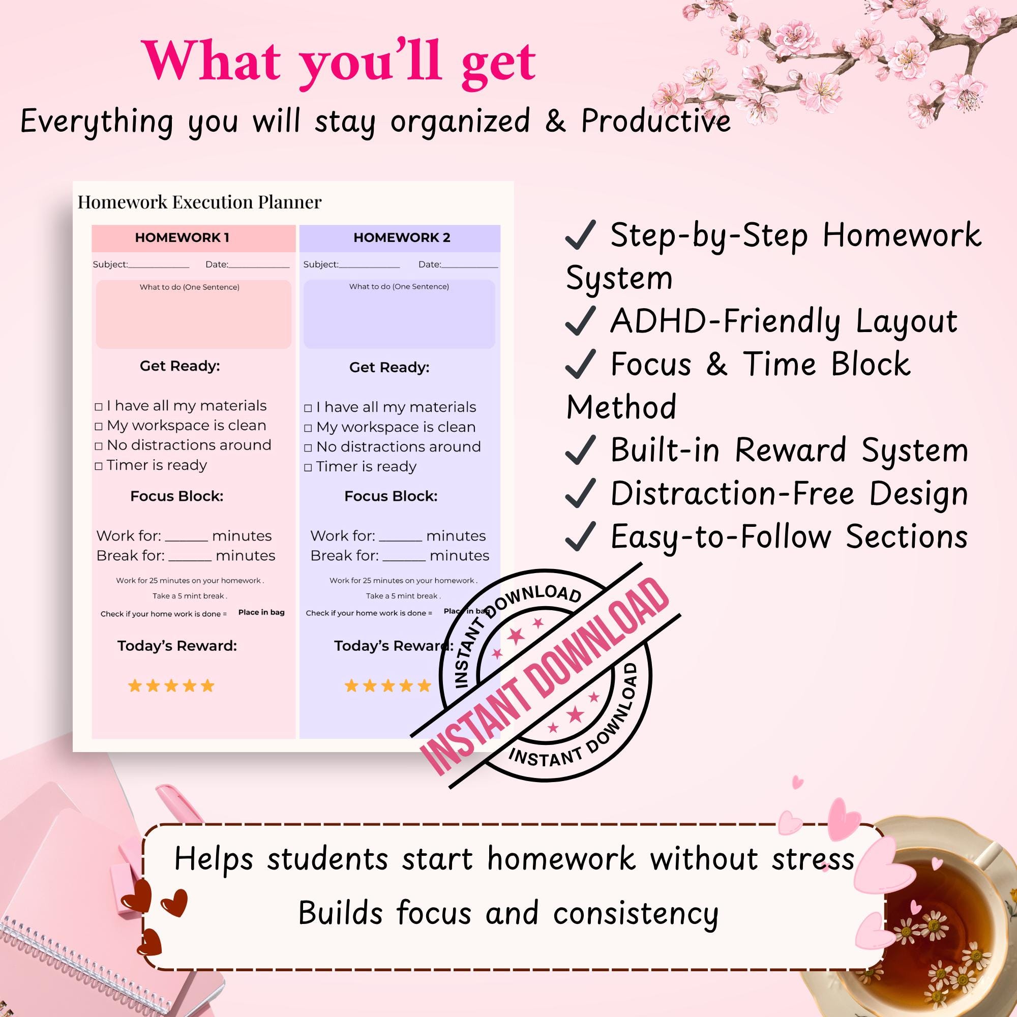 ADHD Daily Homework Planner for Kids | Printable Student Executive ...