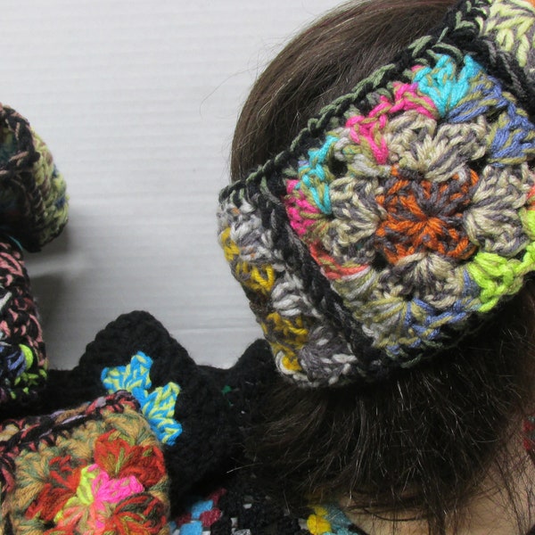 Granny square ear warmer, headband, chunky, 100 percent handmade, Christmas gifts, women, teens. retro hippy, super chunky cozy earmuffs