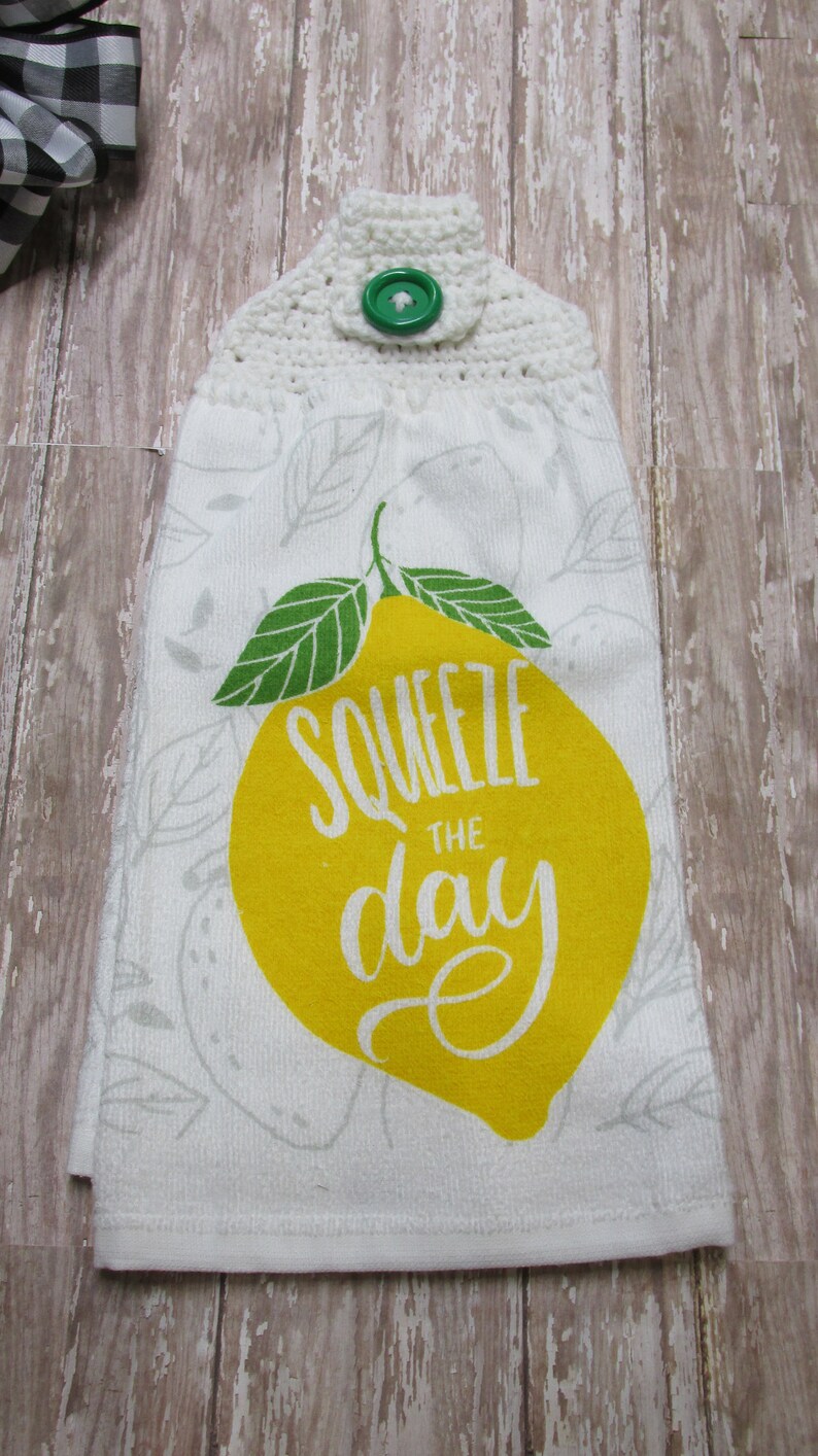 Lemons white crochet top,cotton,decorative tea towel kitchen tea towel crochet hanging towel Squeeze the day kitchen single towel