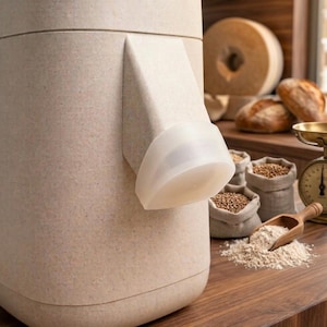 May include: A beige grain mill with a white spout. The mill is next to a wooden scoop of flour, small burlap sacks of grains, and a vintage scale. Loaves of bread and a round of dough are in the background.