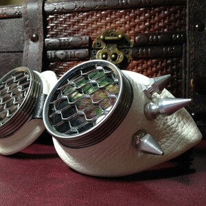 Steampunk goggles Antique white leather Stinger Spikes honeycomb template lens.