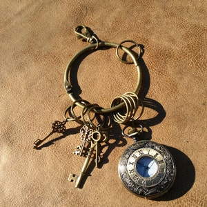 Brass Key Chain Belt Clip WITH keys and watch. Roman numeral pocket watch