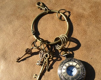 Brass Key Chain Belt Clip WITH keys and watch. Roman numeral pocket watch