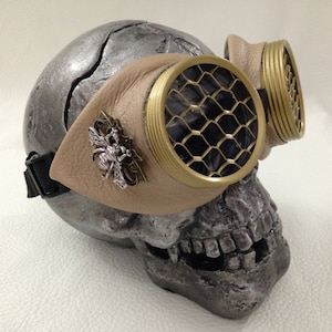 Steampunk goggles Tan Leather Large bee Honeycomb template lens. Burning man eyewear