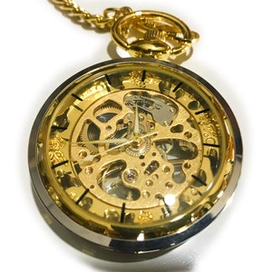 Brass Chain Movement Mechanical Steampunk Pocket watch with key.