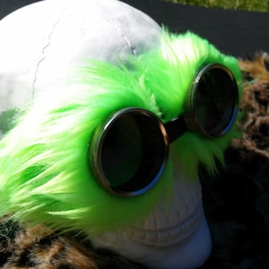Neon Green fluff fur. Steampunk Goggles Air Pirate explorer Eyewear