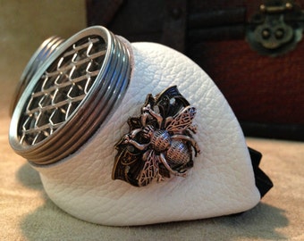 Steampunk goggles Antique white leather Large bee with honeycomb template lens.