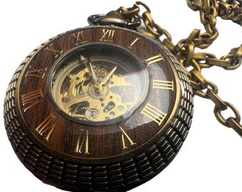 Beautiful watch movement wood Steampunk mechanical Pocket watch with key charm necklace.