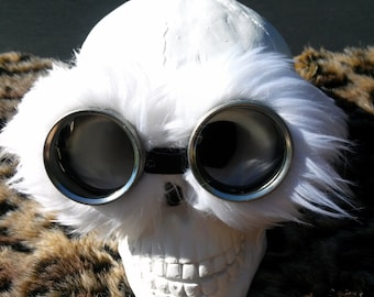 White Fluffy Goggles, Rave Fluffy, Burning Man Goggles, Steampunk Goggles, Rave Fluffies, Cosplay, faux fur, Cyberpunk Goggles, Eye Wear