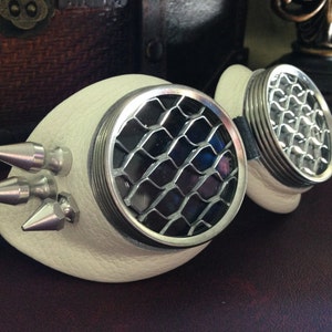 Steampunk goggles Antique white leather Wing Spikes honeycomb template lens.