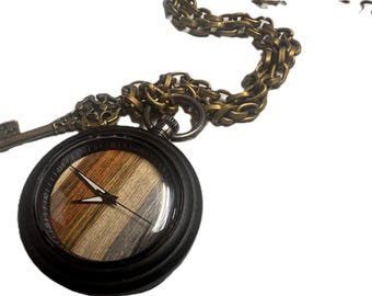 Mixed Wood color Steampunk Pocket watch with key.