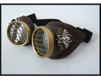 Steampunk Goggles, Large Bee, Brass, Cyberpunk, Mad Max, Cosplay, Goggles, Costume, Festival, Dieselpunk, Faux leather