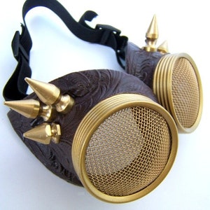 Steampunk Goggles, Burning Man, Brass Spikes, Wasp Eye, Gadget lens, Cyberpunk Goggles, Cosplay, Faux Leather, Sci-fi, Goggles, Eye Wear