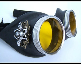 Gafas de motocicleta de cuero negro - Abeja grande, lente amarilla