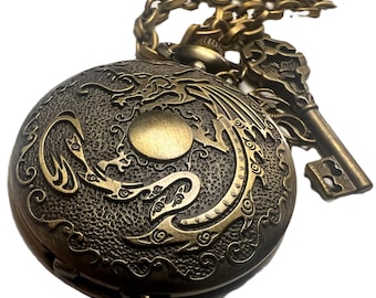 Brass colored Steampunk dragon pocket watch (design 2) with Miniature dragon and key charm.