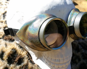 Cyberpunk Silver Stargazer Goggles. Burning man playa wear. Special limited edition Leather goggles