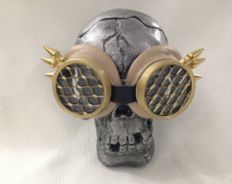 Burning Man Goggles, SteampunkGoggles, Eyewear, Steampunk, Tan Leather, Wing spikes, Honeycomb