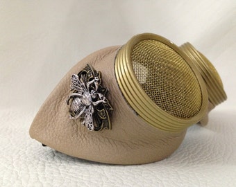 Gafas Steampunk de cuero color canela con lentes de plantilla de abeja y ojo de avispa. Gafas de disfraz.