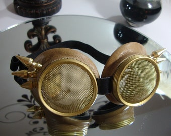 Steampunk goggles, Tan Leather winged spikes waspeye lens.