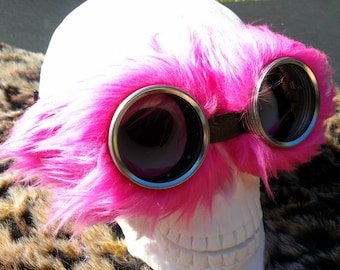 Neon Pink fluff fur. Steampunk Goggles Air Pirate explorer Eyewear