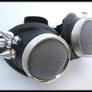 Black Leather Motorcycle Goggles - steel wings, dark lens & waspeye decal