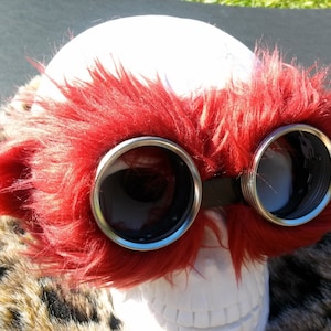 Fire Red Faux fluff fur. Steampunk Goggles Air Pirate explorer Eyewear