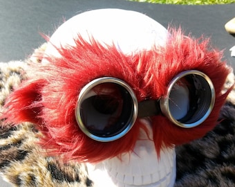 Fire Red Faux fluff fur. Steampunk Goggles Air Pirate explorer Eyewear