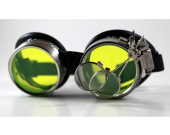 Victorian Steampunk, Mad Scientist goggles, "Dr. Jekyll" XIV Green UV Reactive Lenses
