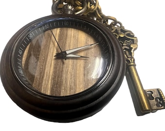Dark Brown Wood color Steampunk Pocket watch with key. Light brown center.