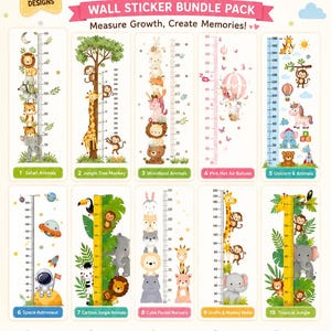 May include: A colourful wall sticker bundle featuring ten adorable height chart designs for kids. Each chart includes illustrations of animals, space themes, and more, with measurements in centimetres. Perfect for decorating and measuring growth.