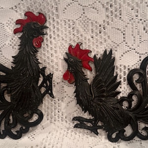 VINTAGE Set of Fighting Roosters Wall Plaques. Black cast aluminum with red accents.