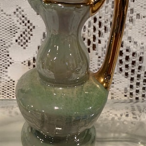Vintage Ceramic Mini Pitcher or Ewer. 4” tall, Iridescent Glaze. 22k gold trim