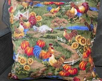 18x18 Rooster Farm Path Pillow Cover | Envelope Back | Cotton