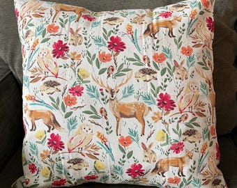 18x18 Animal Friends Envelope Pillow Cover | Deer | Rabbit | Fox | Hedgehog | Owl | Flowers