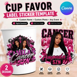 Può includere: Un modello digitale per etichette personalizzate per bicchieri con grafiche rosa e nere, testo che recita CUP FAVOR LABEL STICKER TEMPLATE, CANCER SZN, e segnaposto per foto e nomi. Il design include farfalle e diamanti.