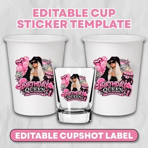 Puede incluir: Dos vasos de papel blanco y un vaso de chupito transparente, cada uno con una pegatina de una persona con sombrero negro y gafas de sol, globos rosas, un pastel de cumpleaños y el texto Birthday Queen Another Year Hotter.