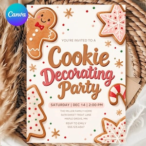 May include: A rectangular invitation card for a Cookie Decorating Party featuring a gingerbread person, star-shaped cookies, and a candy cane. The text reads: YOU'RE INVITED TO A Cookie Decorating Party SATURDAY | DEC 14 | 2:00 PM THE MILLER FAMILY HOME 5678 SWEET TREAT LANE MAPLE GROVE, MN RSVP TO EMILY 555.123.4567.