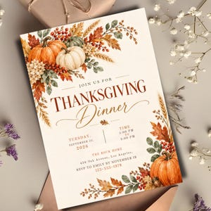 Thanksgiving Dinner Invitation Canva Template, Friendsgiving Invite, Fall Rustic Pumpkin Party, Let's Give Thanks, Editable Digital Download