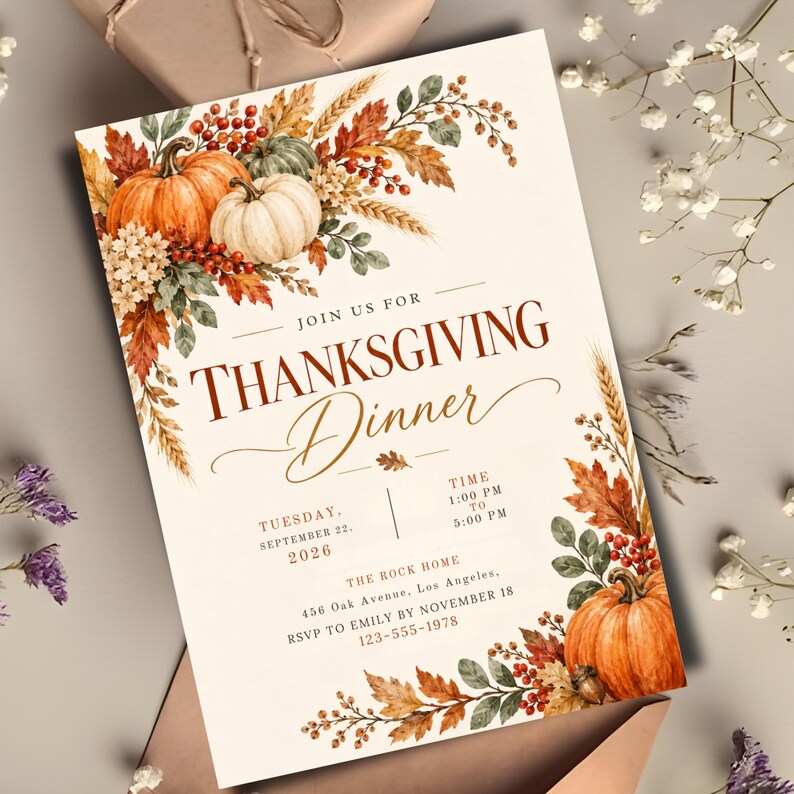 Thanksgiving Dinner Invitation Canva Template, Friendsgiving Invite, Fall Rustic Pumpkin Party, Let's Give Thanks, Editable Digital Download