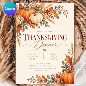 Thanksgiving Dinner Invitation Canva Template, Friendsgiving Invite, Fall Rustic Pumpkin Party, Let's Give Thanks, Editable Digital Download