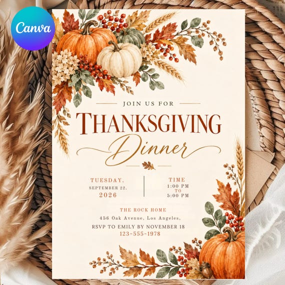 Thanksgiving Dinner Invitation Canva Template, Friendsgiving Invite, Fall Rustic Pumpkin Party, Let's Give Thanks, Editable Digital Download