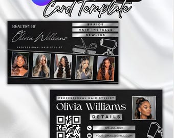 May include: Black business card template for a professional hair stylist, featuring the name "Olivia Williams" and contact details. The card includes images of hairstyles, a QR code, and the text "Easily Editable Canva Template".