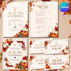 Può includere: Un set di cancelleria a tema autunnale che include un invito, un menu ed etichette per alimenti. Ogni pezzo presenta carta color crema con bordi dorati, decorata con illustrazioni di zucche arancioni e foglie d'acero rosse e marroni.