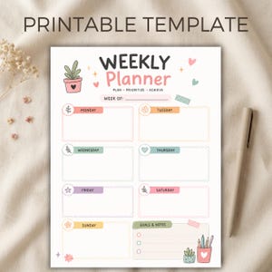 May include: A printable weekly planner template featuring the text WEEKLY Planner, PLAN PRIORITIZE ACHIEVE, and days of the week from Monday to Sunday. The design includes colorful pastel boxes, small illustrations of potted plants, hearts, and stars.