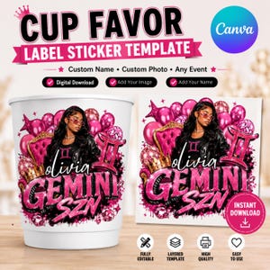 Könnte beinhalten: Eine digitale Aufkleber-Vorlage für Becher mit einem pink-schwarzen Grafikdesign, das eine Person, Luftballons, eine Krone und den Text Olivia Gemini SZN zeigt. Die Vorlage bietet Optionen für individuelle Namen, Fotos und Anlässe.