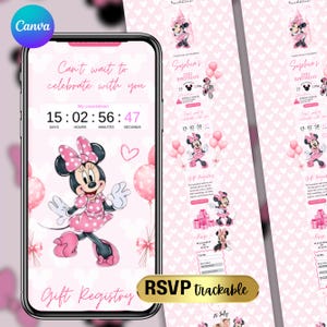 Peut inclure: Un modèle d'invitation d'anniversaire numérique avec Minnie Mouse en robe à pois roses, des ballons roses et des motifs de cœurs. L'écran affiche un compte à rebours, le texte Can't wait to celebrate with you et une section liste de cadeaux.
